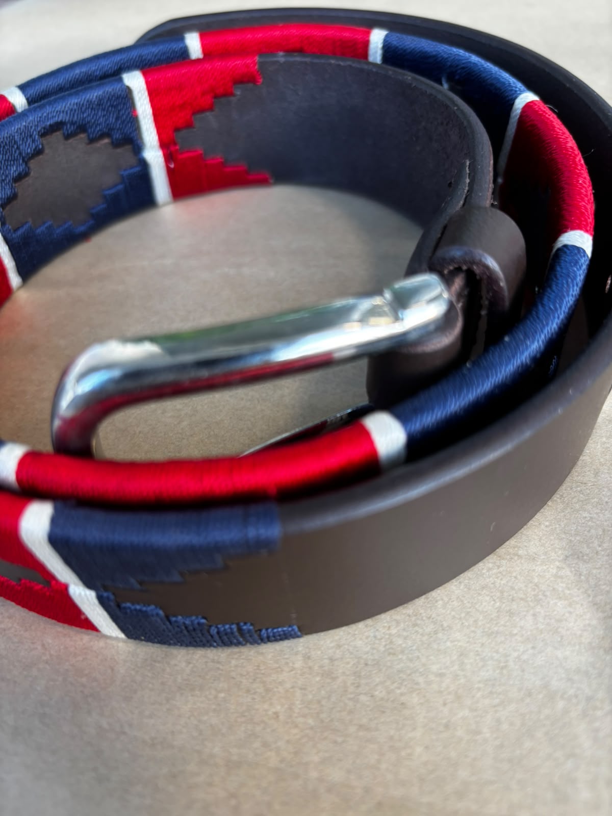 Bascora Hand-Stitched Leather Polo Belt in Navy, Red & White