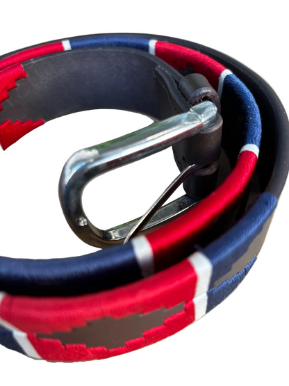 Bascora Hand-Stitched Leather Polo Belt in Navy, Red & White