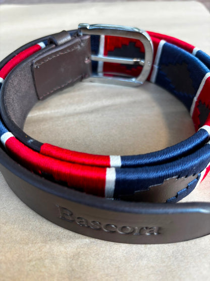 Bascora Hand-Stitched Leather Polo Belt in Navy, Red & White