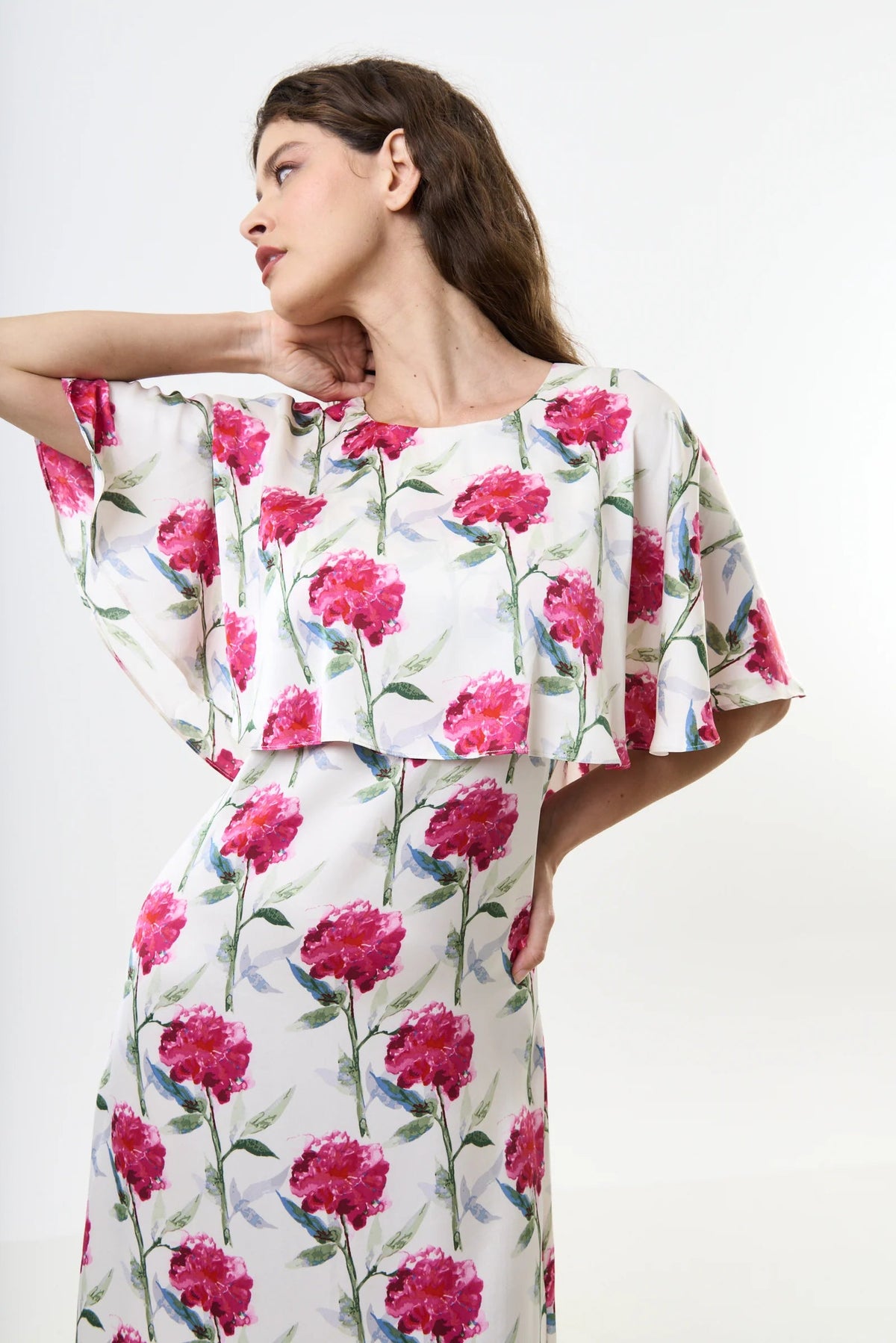 Rosso Loveflower Print Cape Midi Dress - Bascora