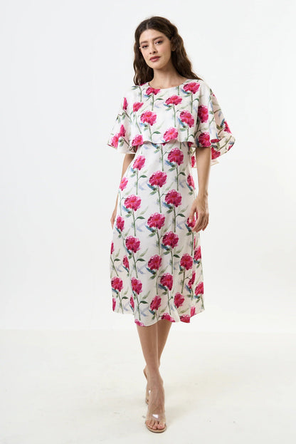 Rosso Loveflower Print Cape Midi Dress - Bascora