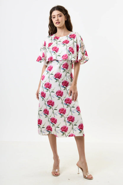 Rosso Loveflower Print Cape Midi Dress - Bascora