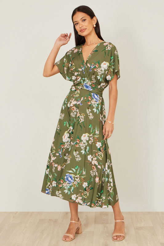 Sage Green Viscose Floral Print Midi Dress With Ruched Waist - Bascora