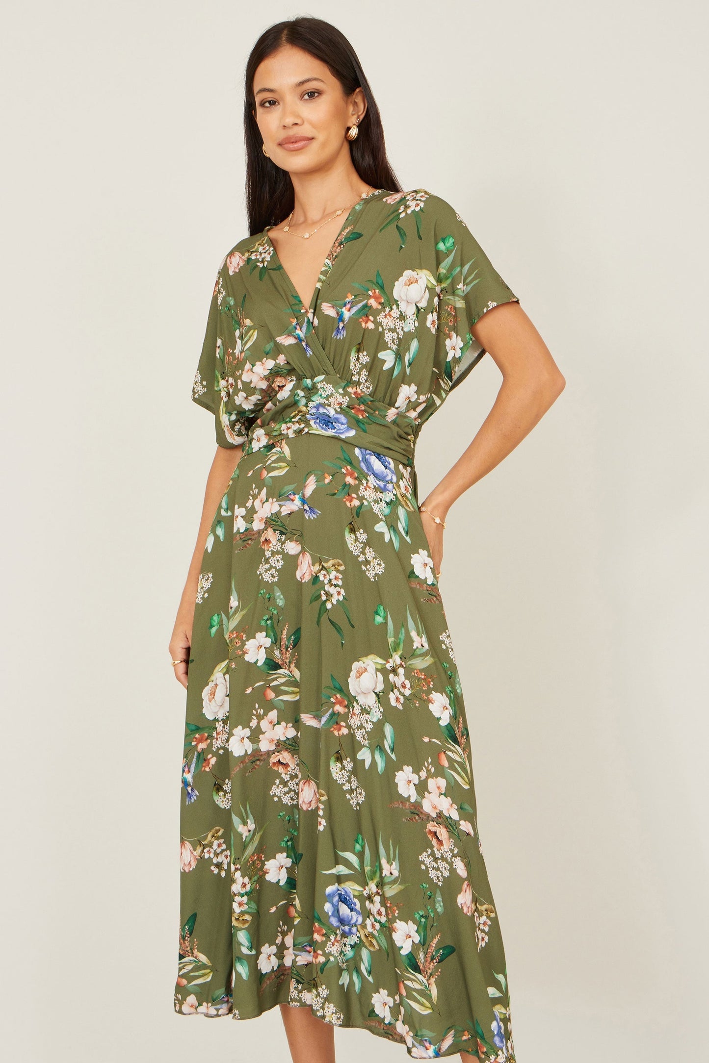 Sage Green Viscose Floral Print Midi Dress With Ruched Waist - Bascora
