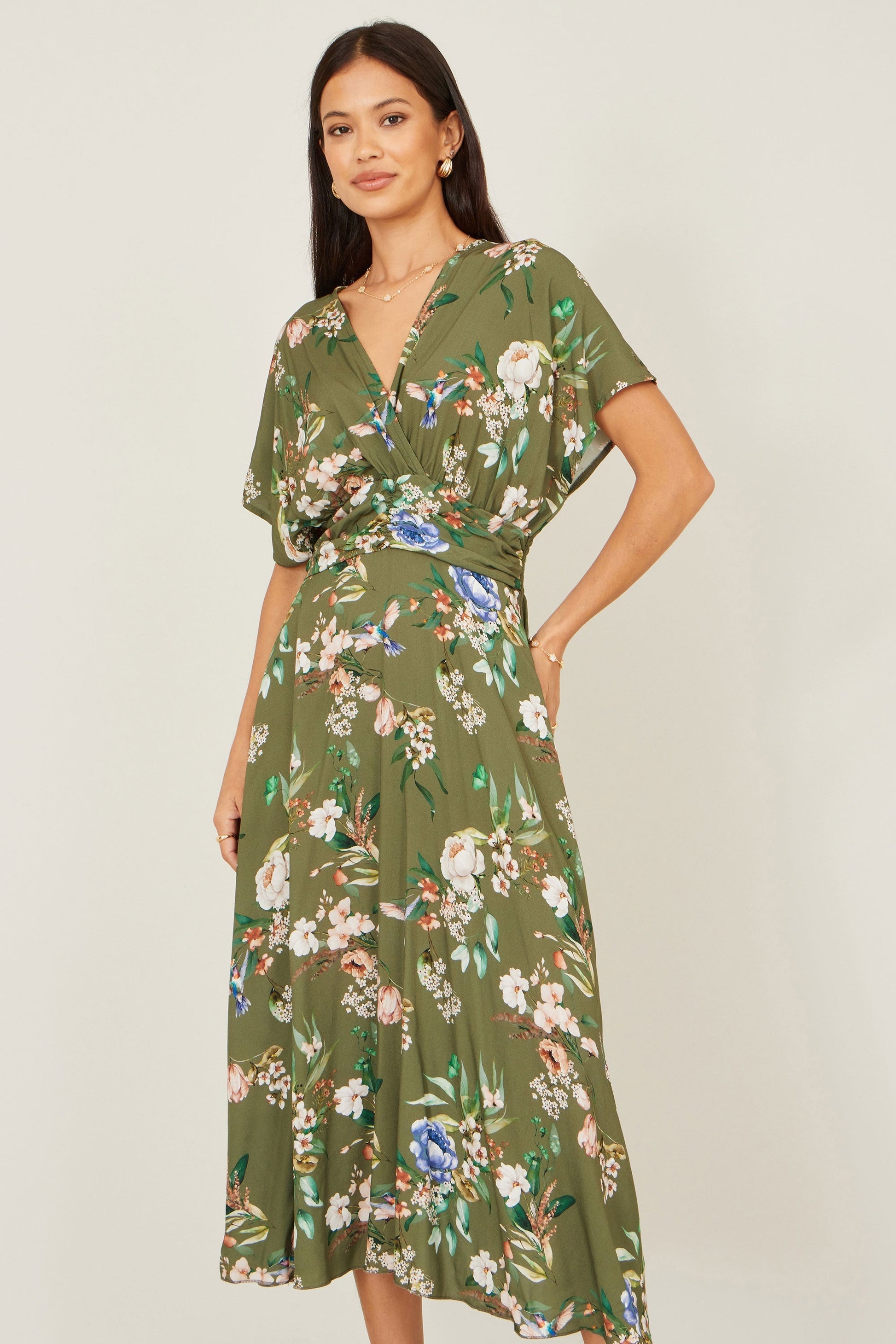 Sage Green Viscose Floral Print Midi Dress With Ruched Waist - Bascora