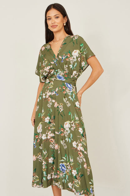 Sage Green Viscose Floral Print Midi Dress With Ruched Waist - Bascora