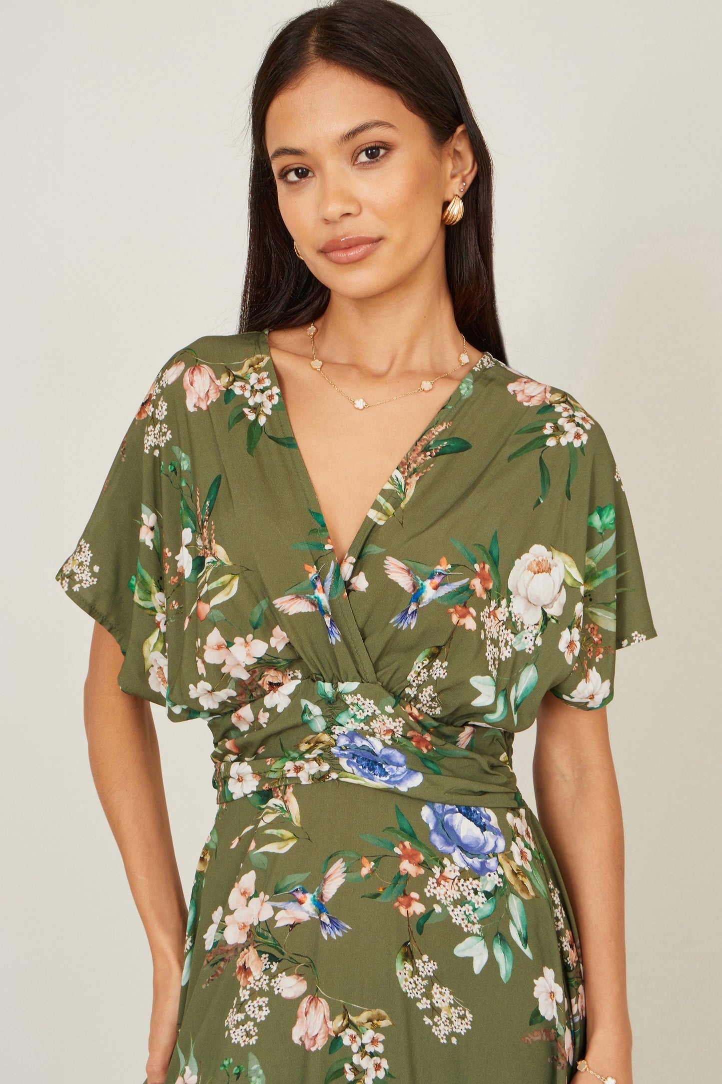 Sage Green Viscose Floral Print Midi Dress With Ruched Waist - Bascora