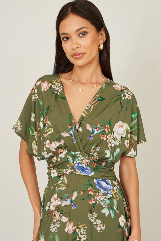 Sage Green Viscose Floral Print Midi Dress With Ruched Waist - Bascora