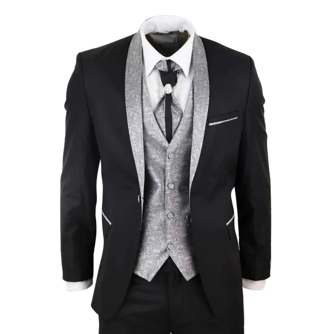 Men's 4 Piece Groom Wedding Suit with Shawl Collar and Black Silver Cravat