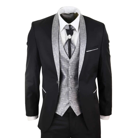 Men's 4 Piece Groom Wedding Suit with Shawl Collar and Black Silver Cravat