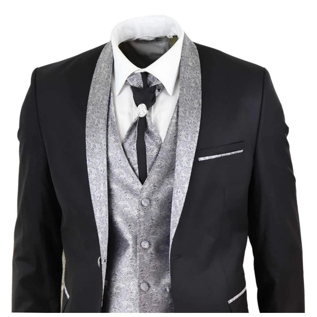 Men's 4 Piece Groom Wedding Suit with Shawl Collar and Black Silver Cravat