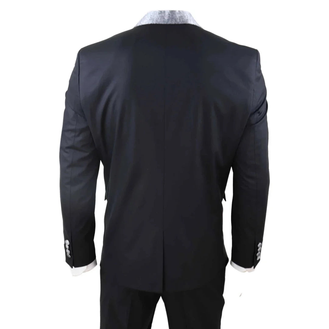 Men's 4 Piece Groom Wedding Suit with Shawl Collar and Black Silver Cravat