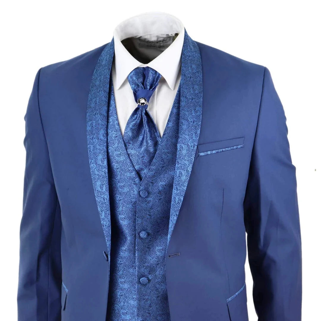 Men's 4 Piece Groom Wedding Suit with Shawl Collar and Blue Cravat