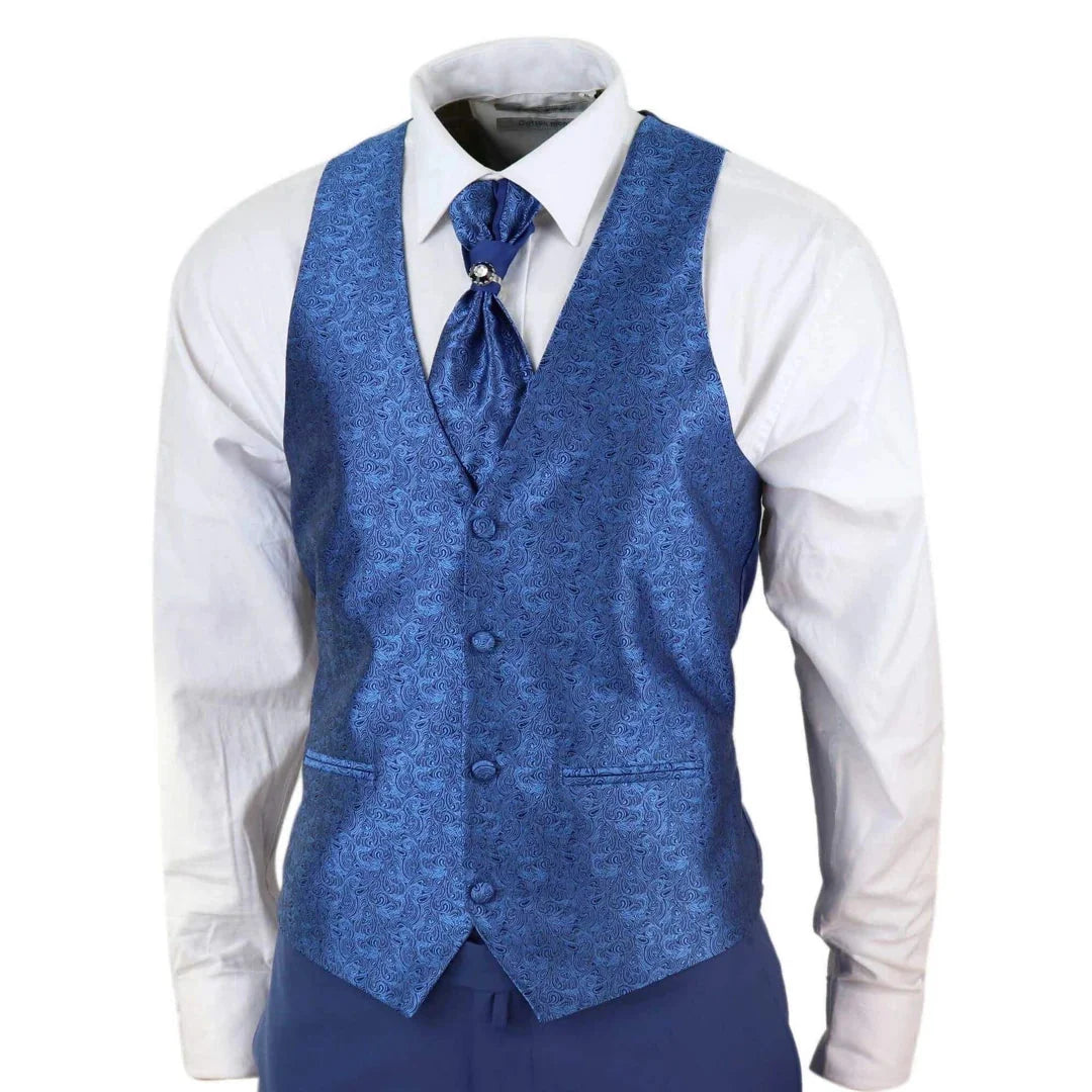 Men's 4 Piece Groom Wedding Suit with Shawl Collar and Blue Cravat