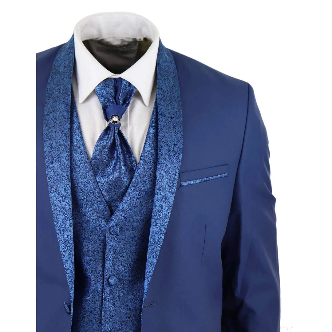 Men's 4 Piece Groom Wedding Suit with Shawl Collar and Blue Cravat
