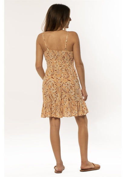back of Woman wearing a floral dress on a white background
