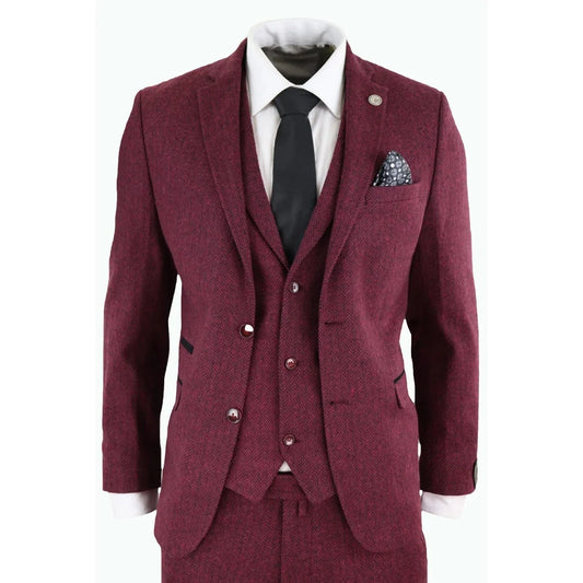 Men's Wool Tweed Burgundy Black Classic 3 Piece Suit