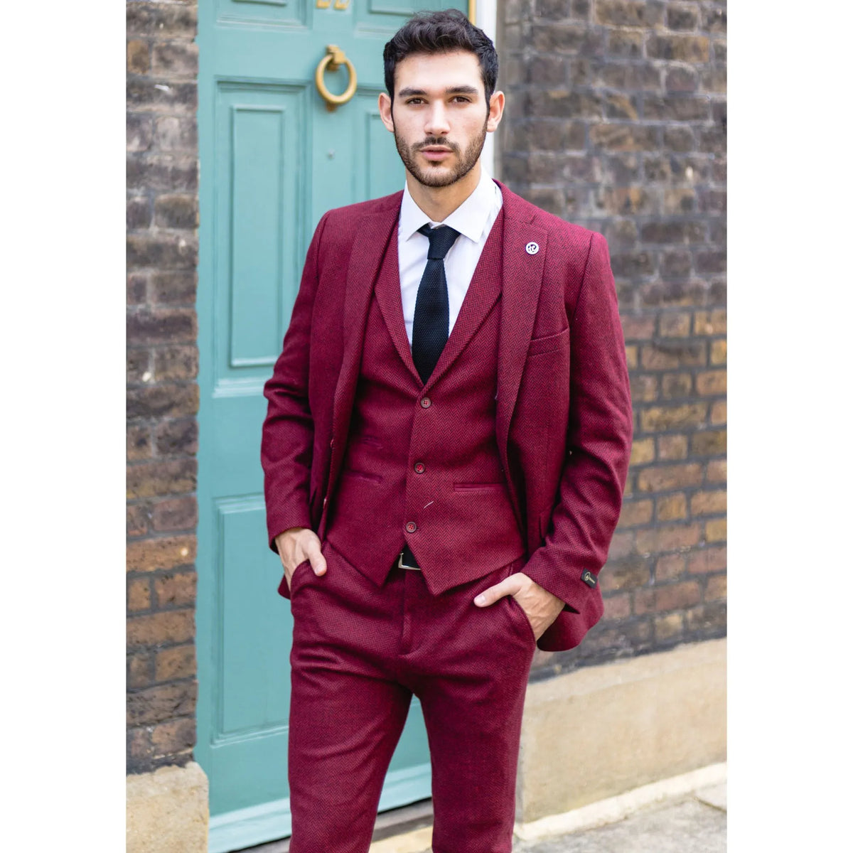 Traje de tres piezas clásico de lana de tweed para hombre, color burdeos y negro
