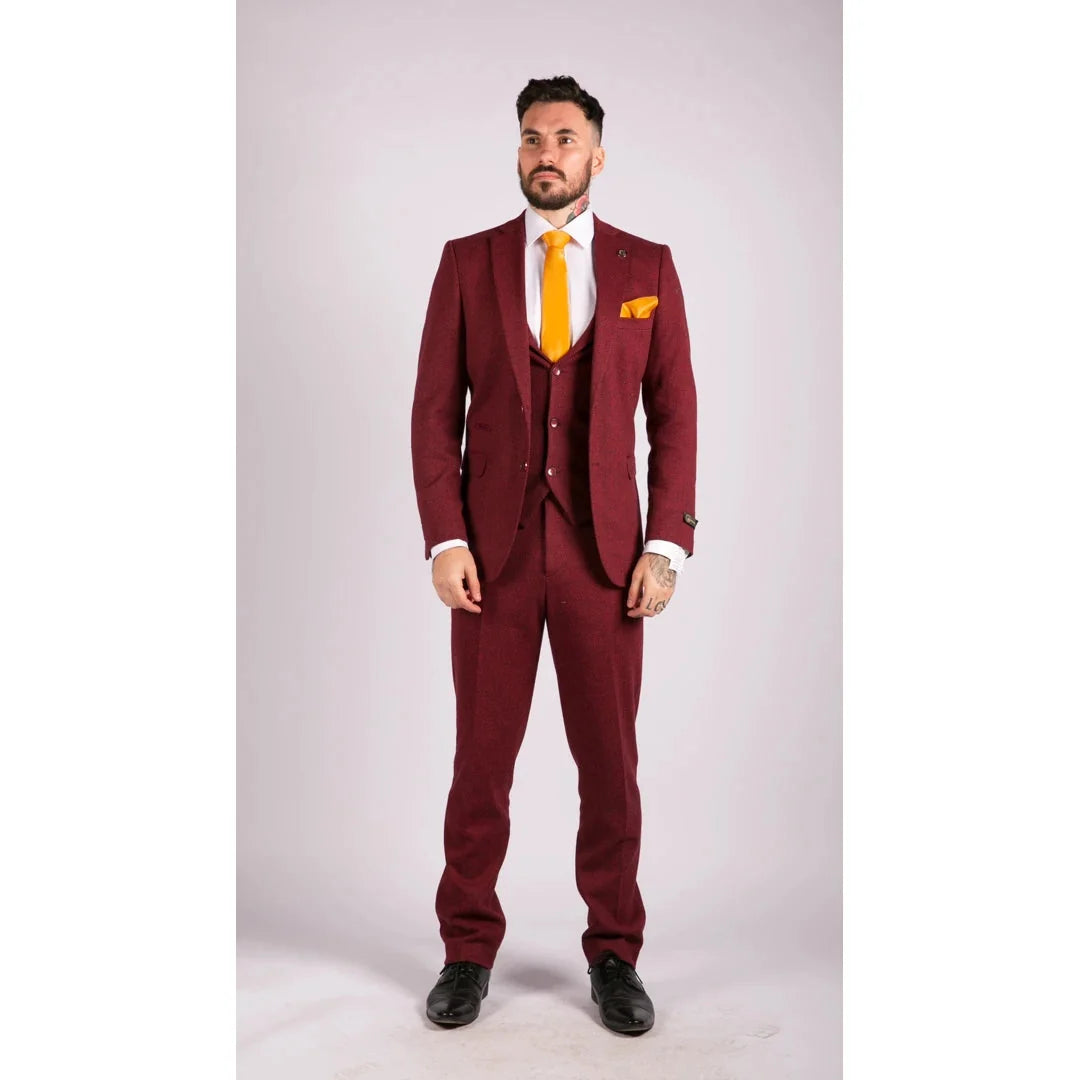 Traje de tres piezas clásico de lana de tweed para hombre, color burdeos y negro