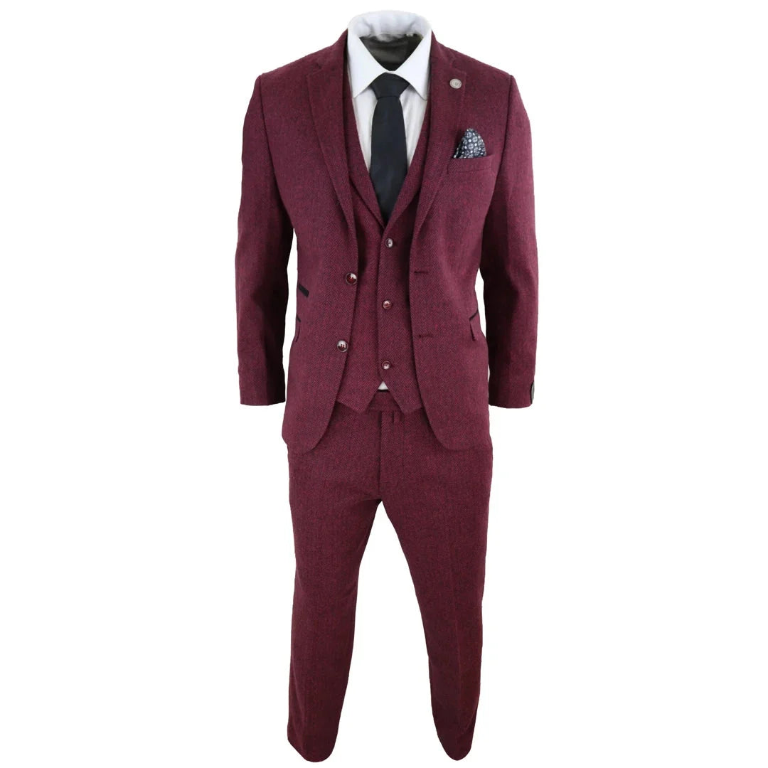 Traje de tres piezas clásico de lana de tweed para hombre, color burdeos y negro