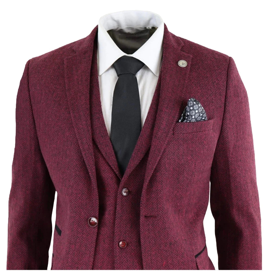 Traje de tres piezas clásico de lana de tweed para hombre, color burdeos y negro