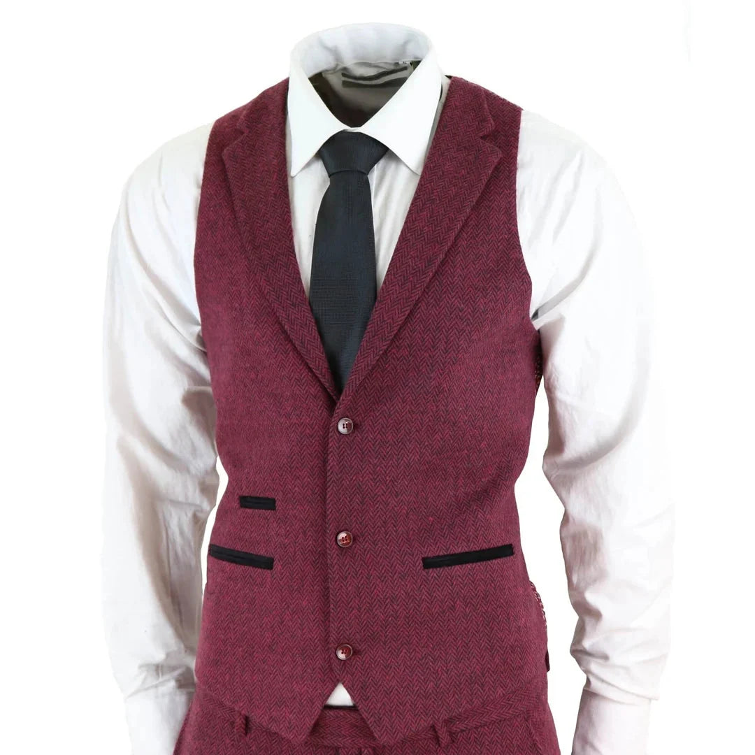 Traje de tres piezas clásico de lana de tweed para hombre, color burdeos y negro