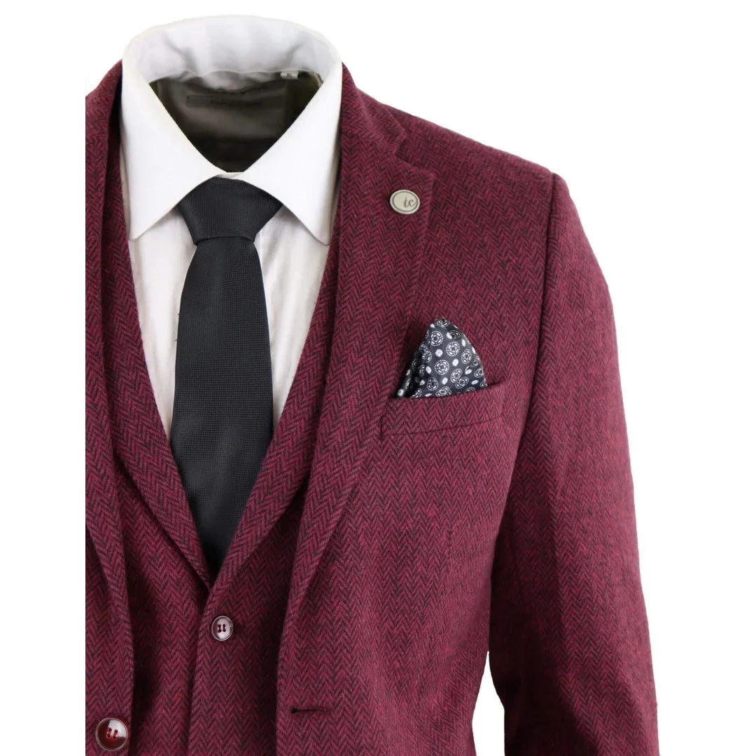 Traje de tres piezas clásico de lana de tweed para hombre, color burdeos y negro