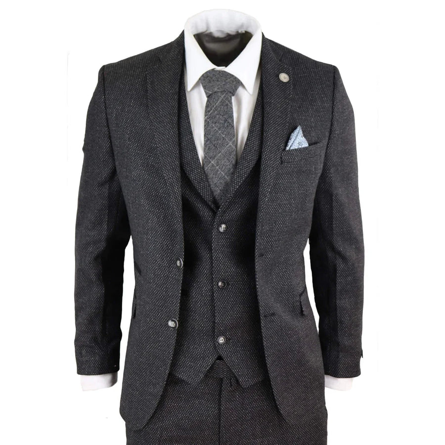 Traje clásico de 3 piezas para hombre en lana de tweed color gris carbón