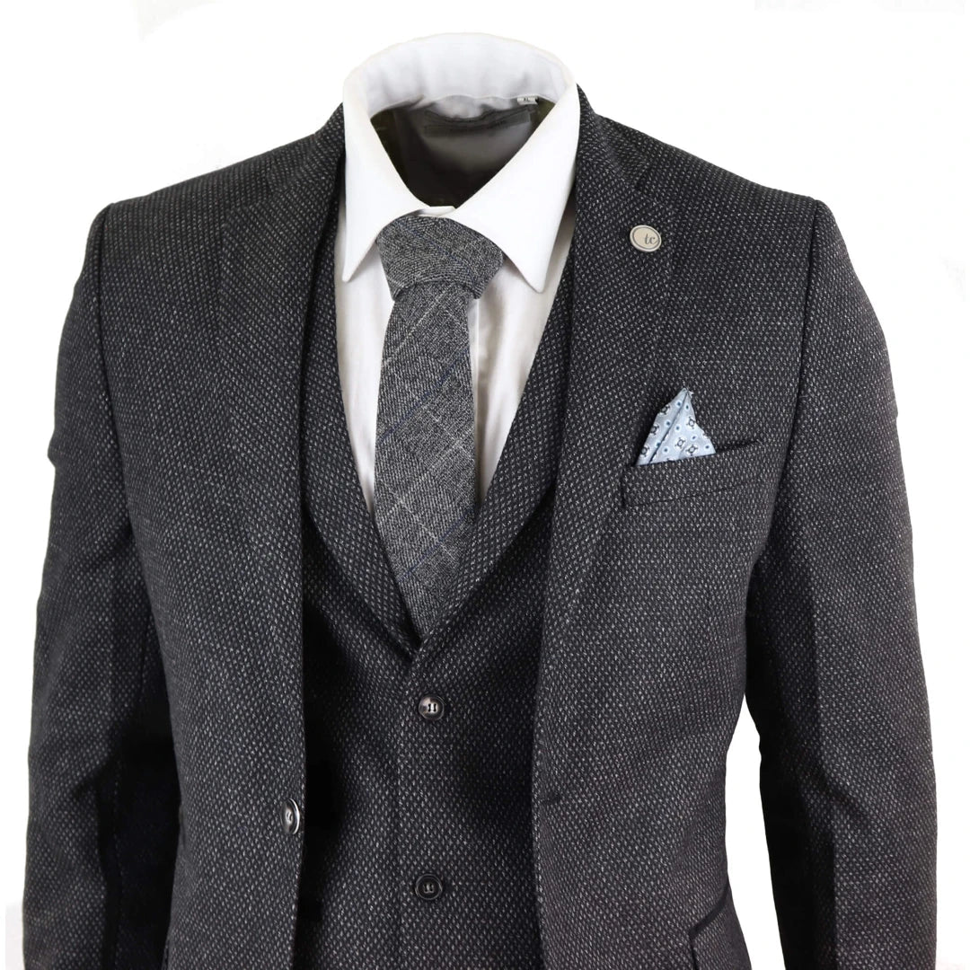 Men's Wool Tweed Charcoal Black Classic 3 Piece Suit
