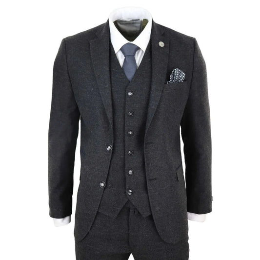 Men's Black Wool Tweed 3 Piece Authentic 1920s Classic Suit