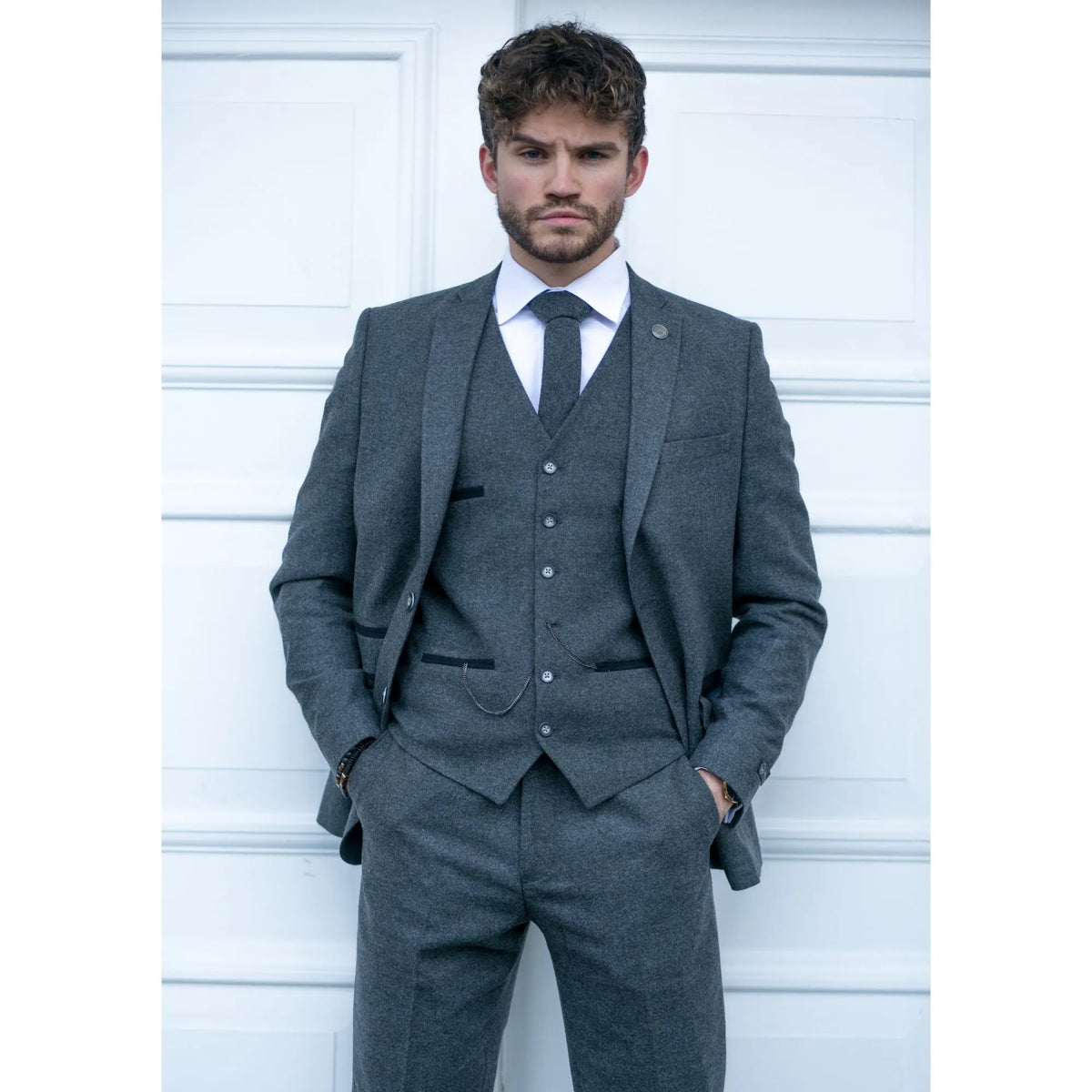 Men's Wool Tweed 3 Piece Authentic 1920s Classic Suit with Four-Pocket Waistcoat