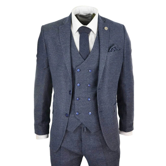 Men's Wool Herringbone Tweed Double Breasted Waistcoat 3 Piece 1920s Suit