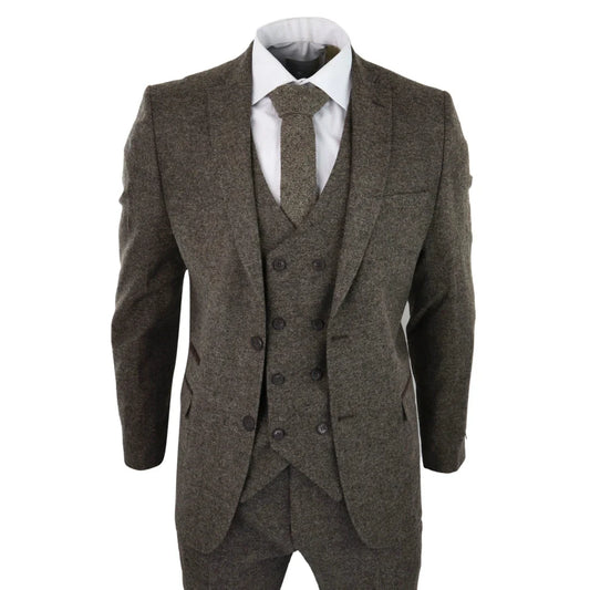 Men's Oak Wool Tweed Double Breasted Waistcoat 3 Piece Blinders 1920s Suit