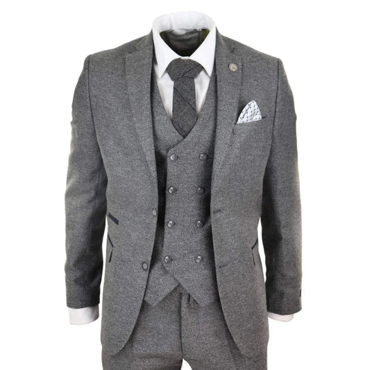 Men's Wool Tweed Windowpane Check Double Breasted Waistcoat 3 Piece 1920s Suit