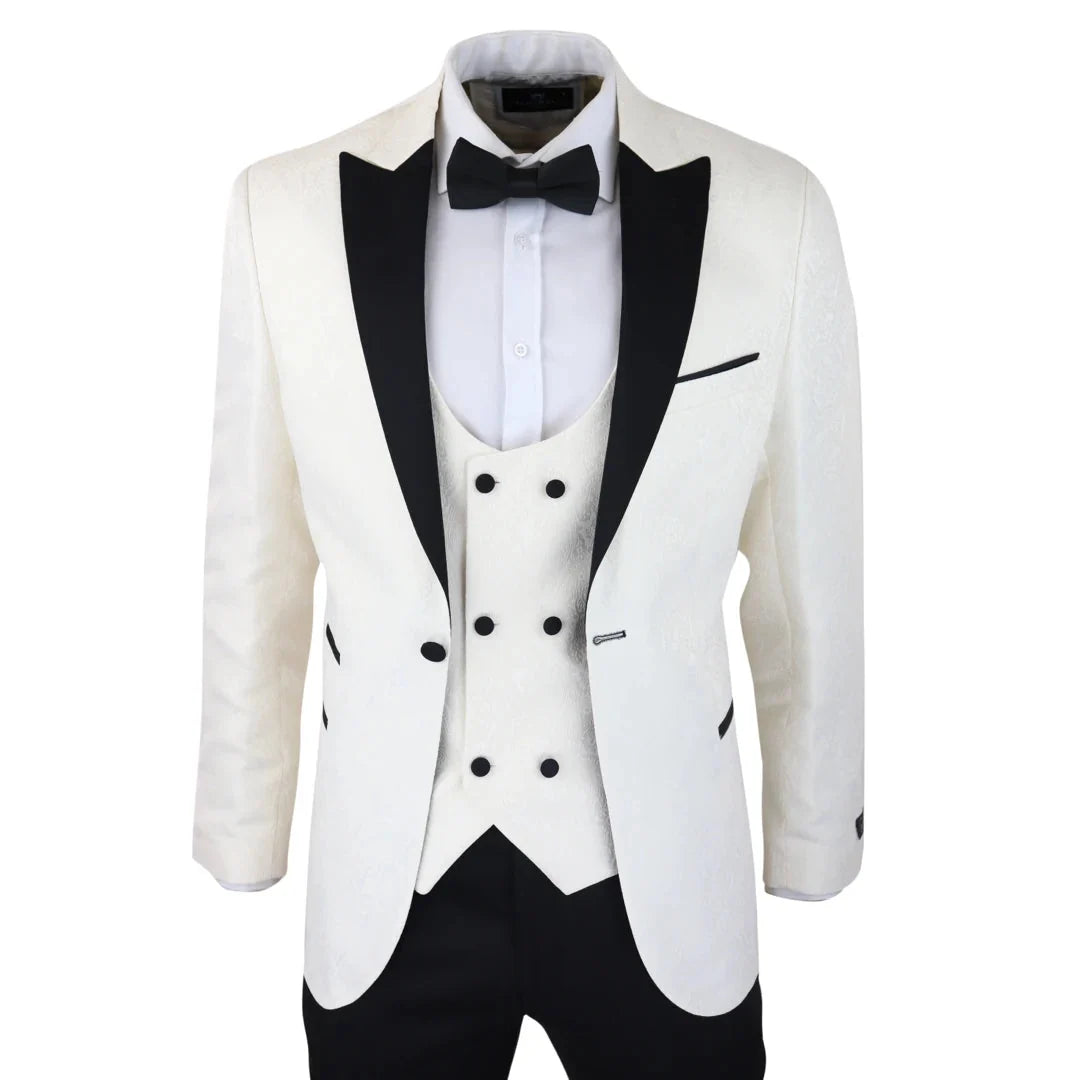 Men's Ivory Black Paisley Tuxedo Blazer and Waistcoat Dinner Jacket
