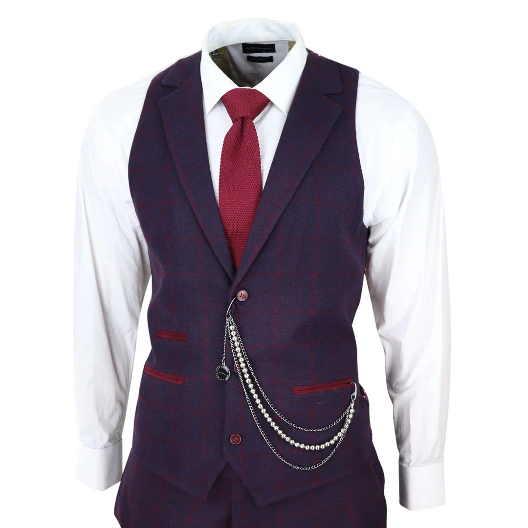 STZ70 Men's 3 Piece Wool Tweed Plum Wine Check 1920s Gatsby Suit