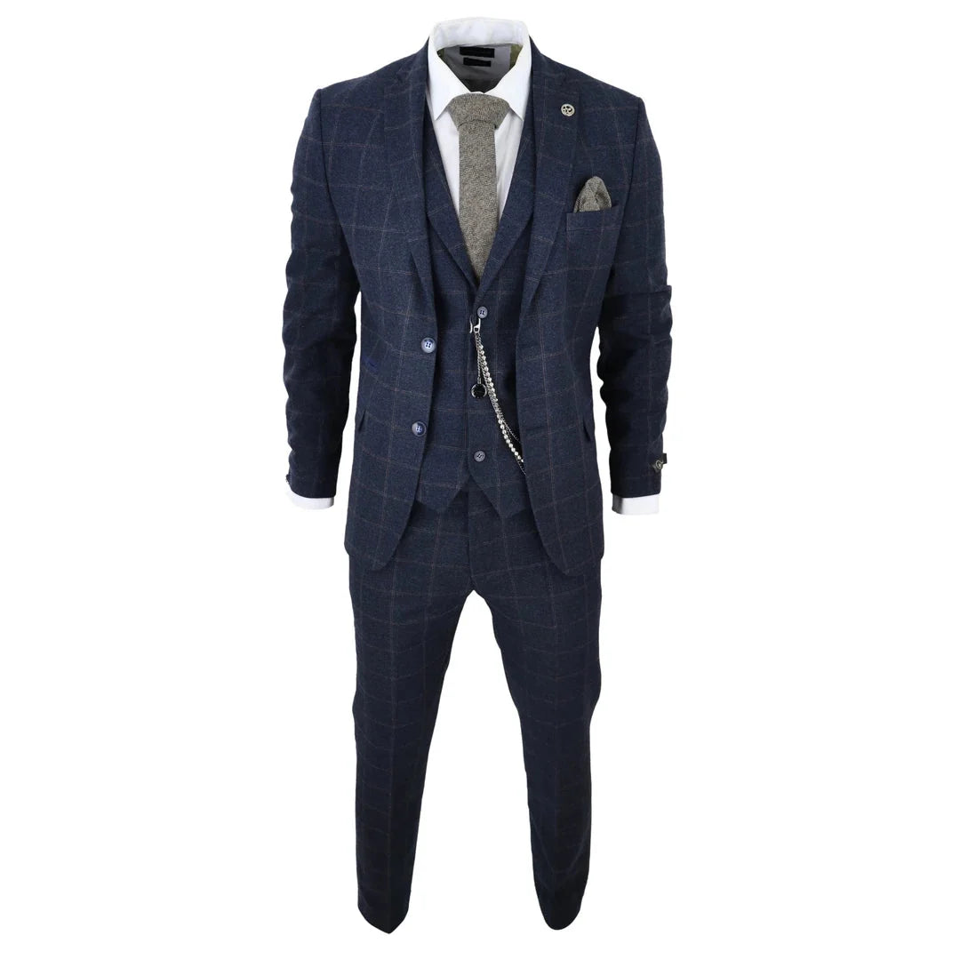Men's 3 Piece Wool Tweed Navy Blue Brown Check 1920s Gatsby Suit