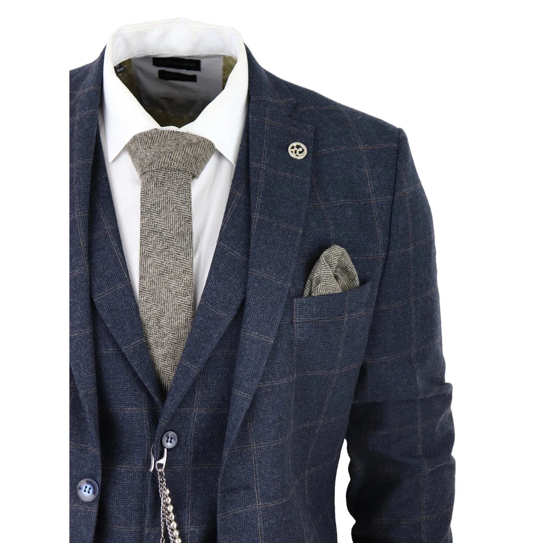 Men's 3 Piece Wool Tweed Navy Blue Brown Check 1920s Gatsby Suit