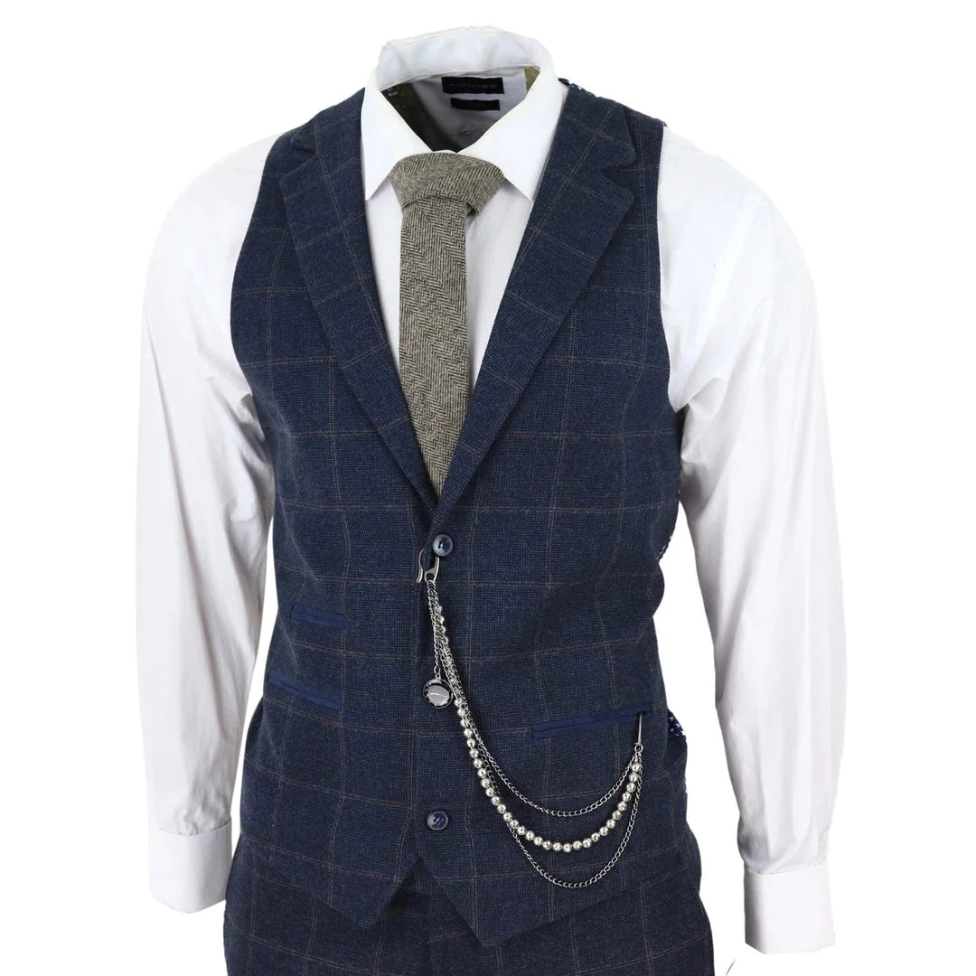 Men's 3 Piece Wool Tweed Navy Blue Brown Check 1920s Gatsby Suit