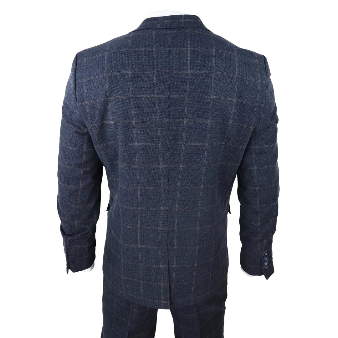 Men's 3 Piece Wool Tweed Navy Blue Brown Check 1920s Gatsby Suit