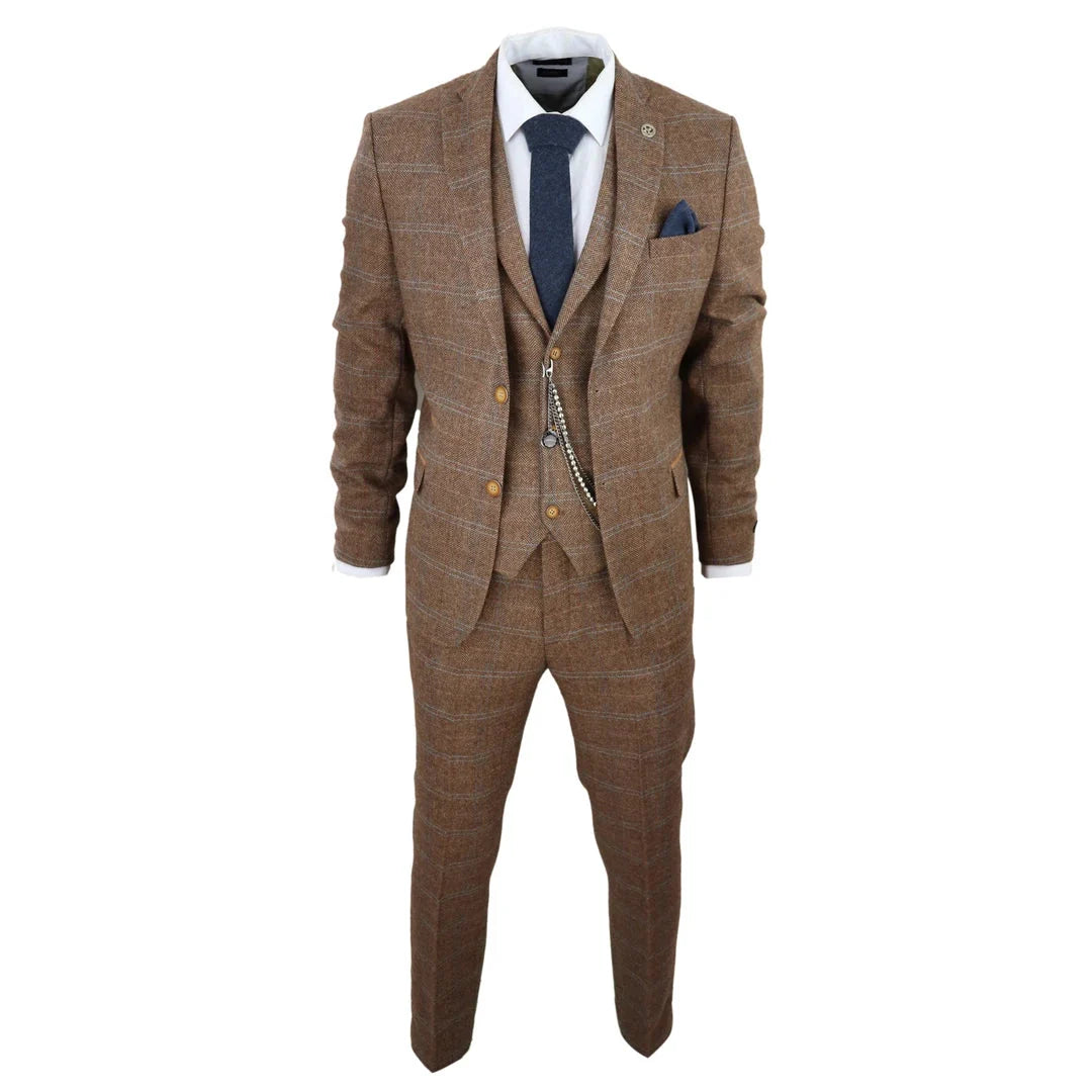 Men's 3 Piece Wool Tweed Herringbone Tan Brown Blue Check Gatsby Suit