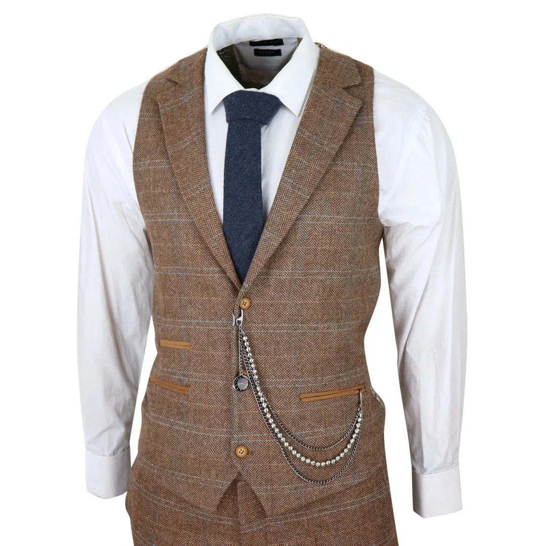 Men's 3 Piece Wool Tweed Herringbone Tan Brown Blue Check Gatsby Suit
