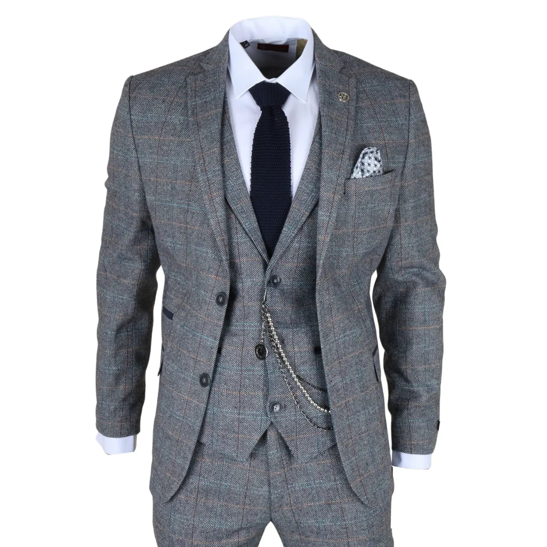 Men's 3 Piece Wool Tweed Light Blue Grey Check Suit