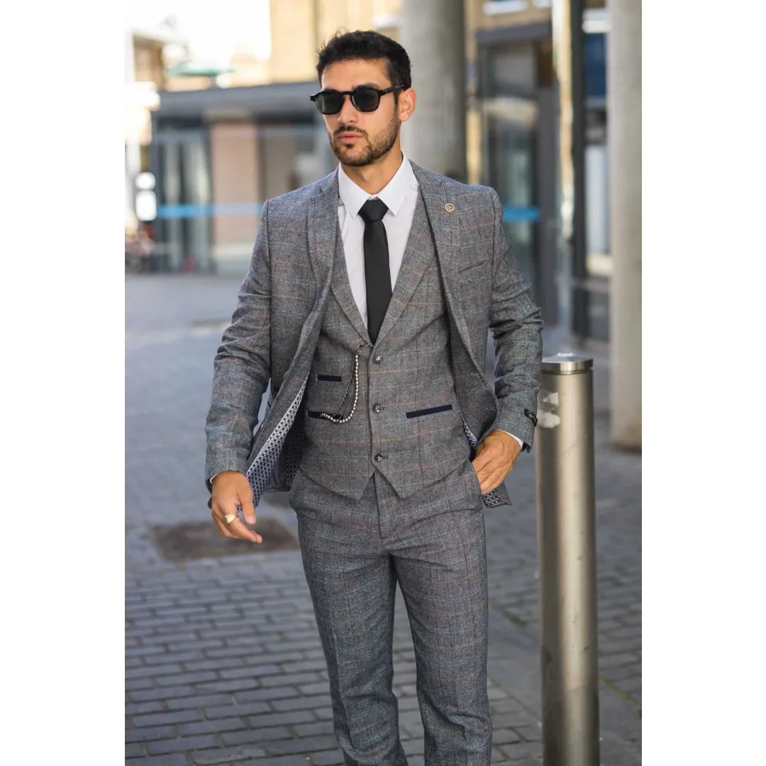 Men's 3 Piece Wool Tweed Light Blue Grey Check Suit