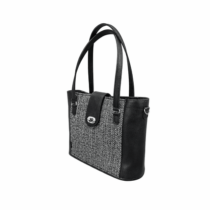 Tannery Tweed & Leather Mini Twist Lock Shopper Bag – Black - Bascora