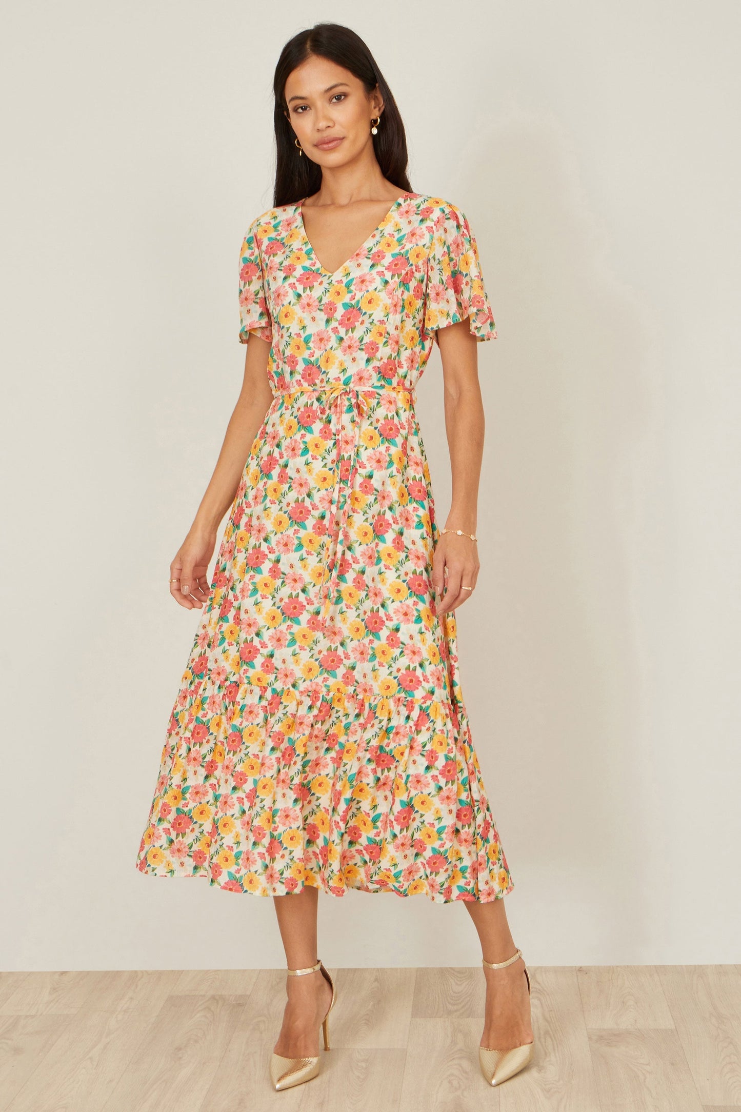 The Angel Sleeve – Floral Midi Tea Dress - Bascora