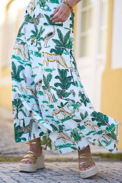 The Animal Print – White Cotton Tiered Maxi Skirt - Bascora