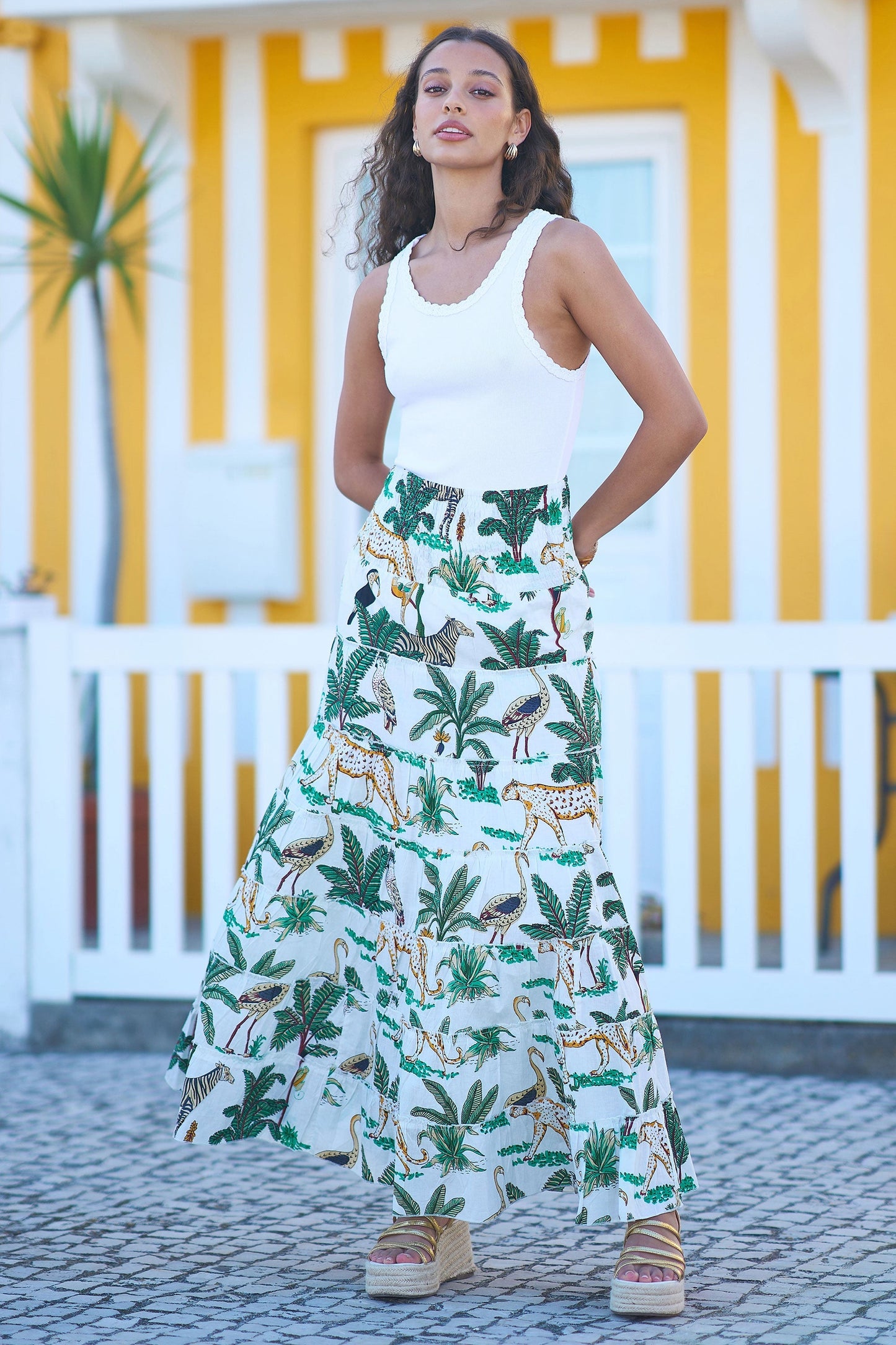 The Animal Print – White Cotton Tiered Maxi Skirt - Bascora
