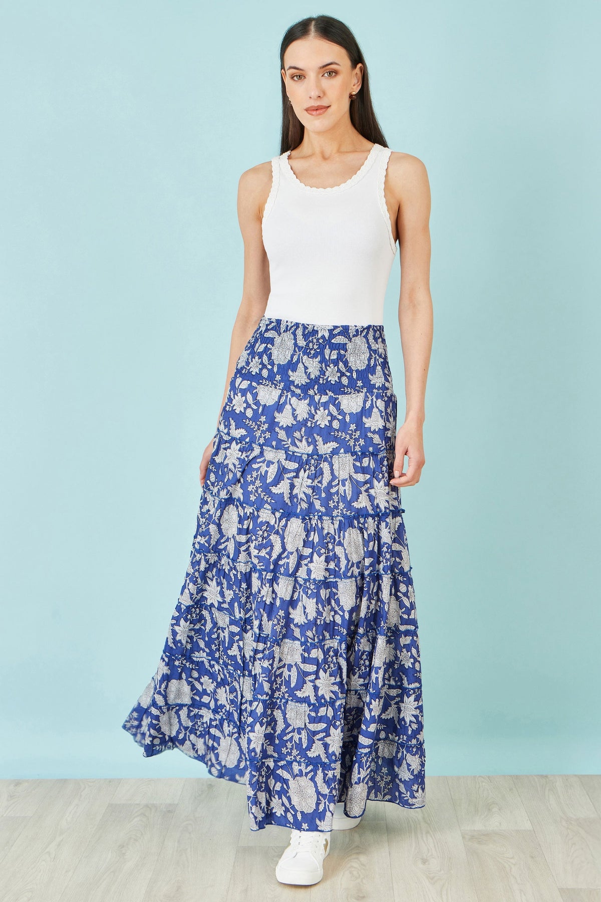 The Blue Floral – Cotton Tiered Maxi Skirt - Bascora