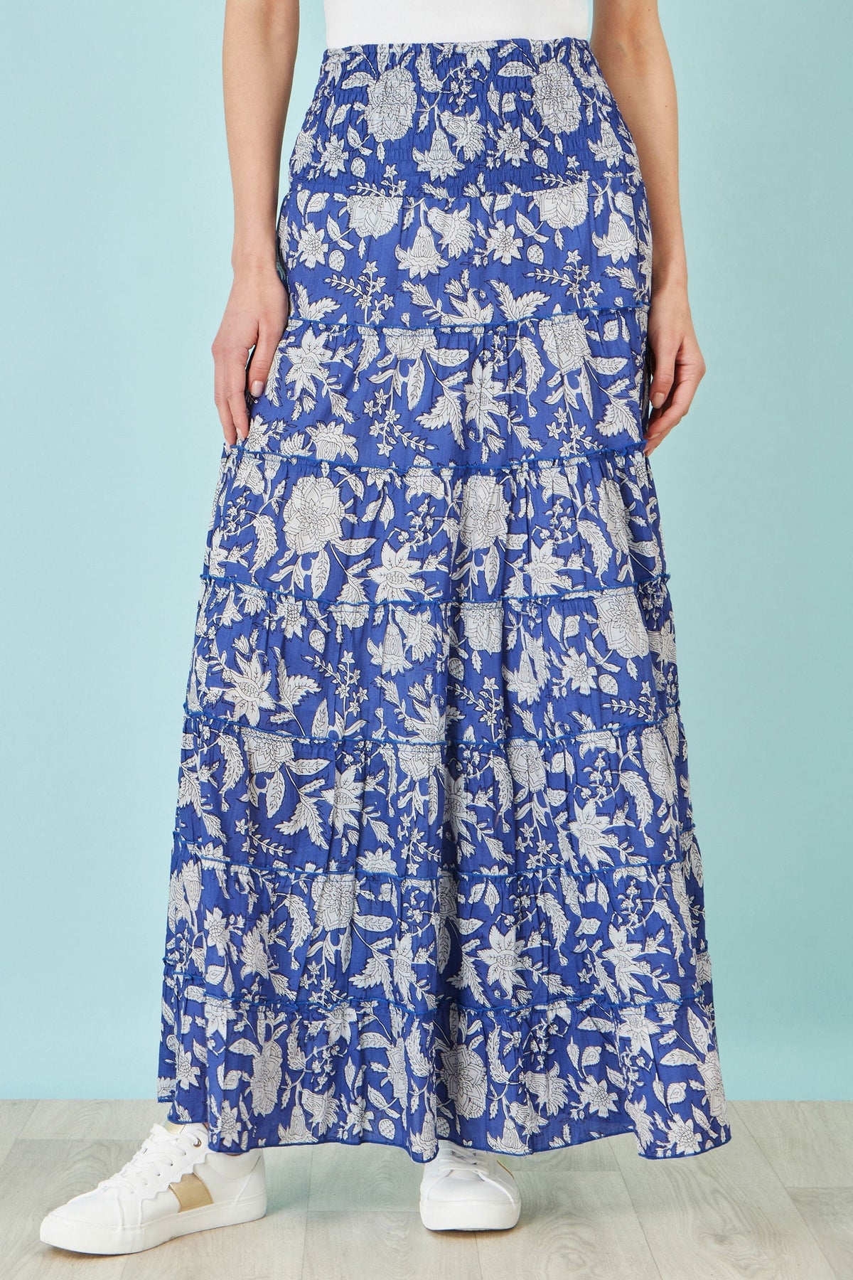 The Blue Floral – Cotton Tiered Maxi Skirt - Bascora